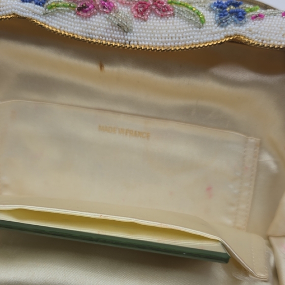 Vintage Ivory Beaded Handbag Embroidered Rose Floral Envelope Clutch French - Picture 6 of 16
